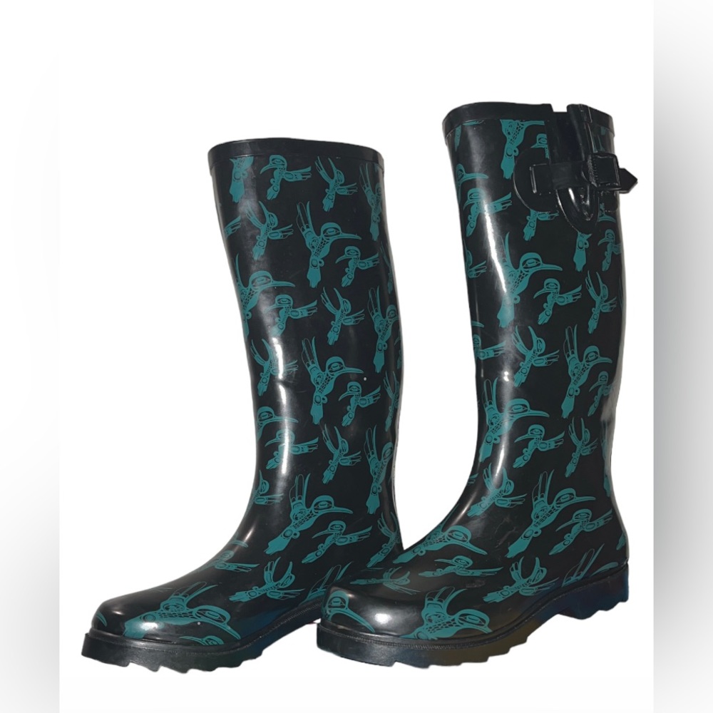 Rain Boots Native American Artist Rare Turquoise Black Size 7